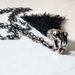 Black Tassel, Silver Dragon Head Necklace-  Long chain